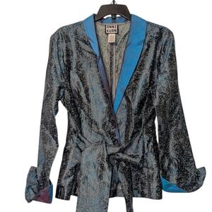 ANNI KUAN Women's Blue Brocade Shawl Collar Wrap Jacket Size L Silk Accents